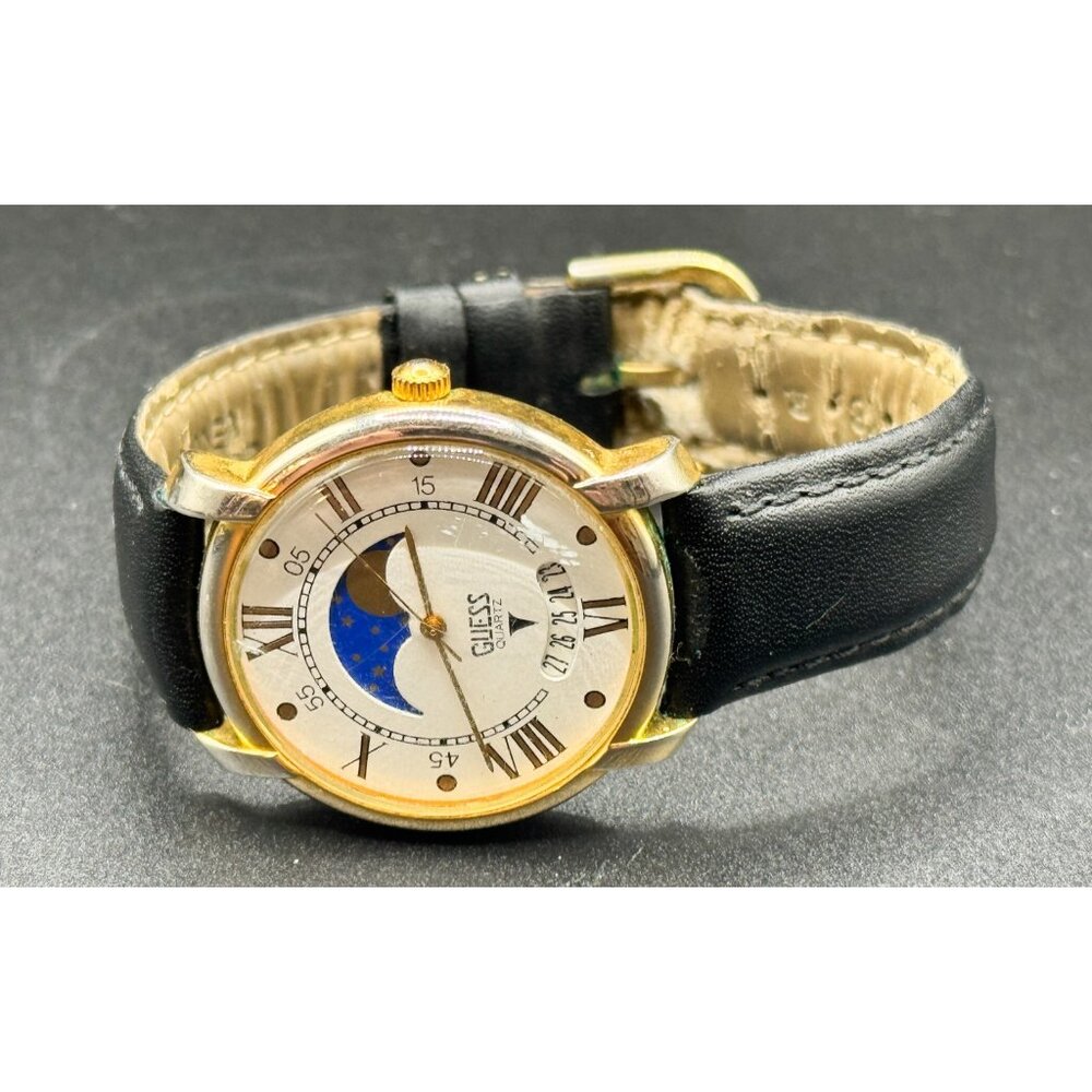 Vintage 1999 Guess Moonphase Roman Numerals Watch Black Leather Band Watch